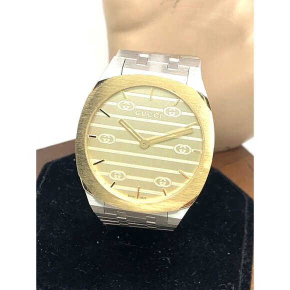 Gucci Men's Watch YA163405 Swiss Quartz Thin Case Gold Dial Two Tone Steel 38mm - Picture 1 of 14